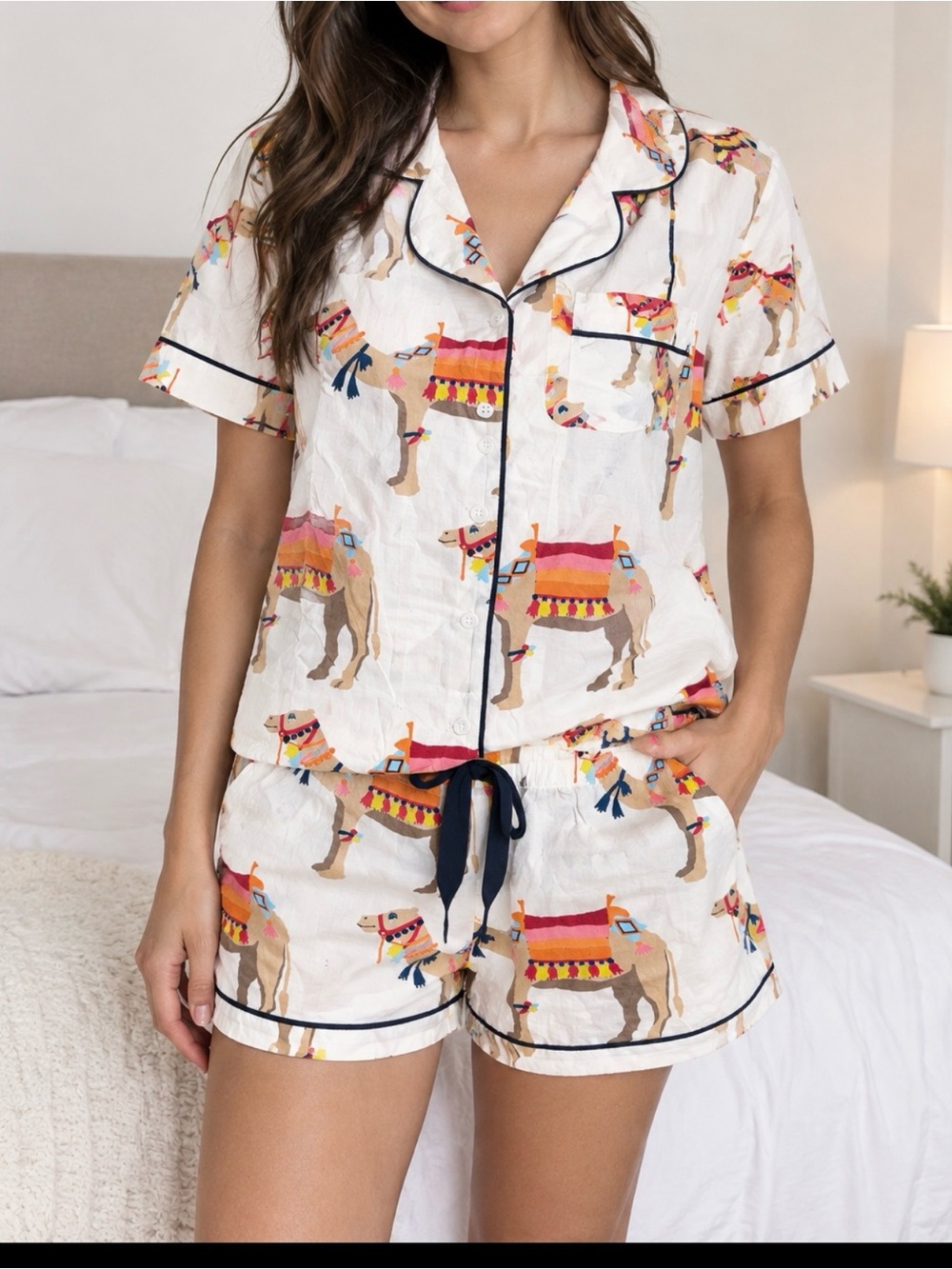 Camel Print Short Pajama Set in White with Navy Trim